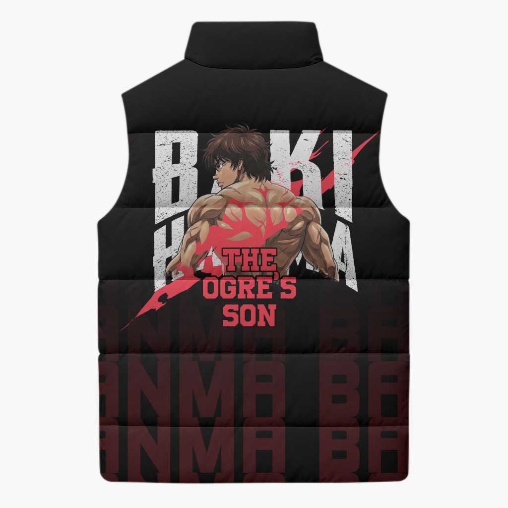 Baki Hanma The Ogre's Son Gym Theme Sleeveless Puffer Jacket with Intense Anime Artwork and Muscular Back Design - The Mazicc