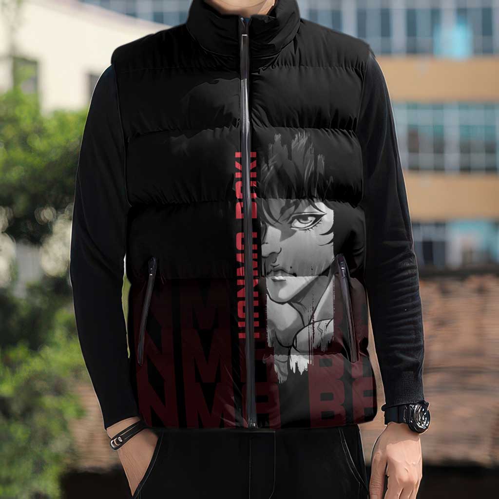 Baki Hanma The Ogre's Son Gym Theme Sleeveless Puffer Jacket with Intense Anime Artwork and Muscular Back Design - The Mazicc