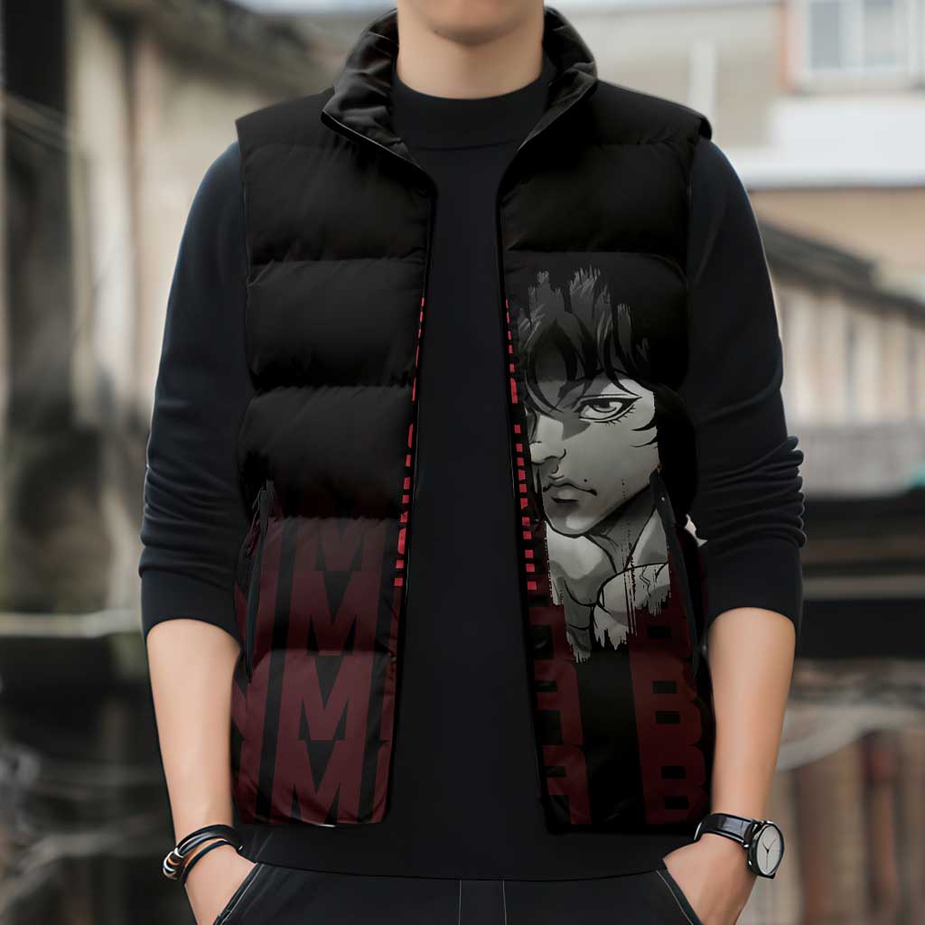 Baki Hanma The Ogre's Son Gym Theme Sleeveless Puffer Jacket with Intense Anime Artwork and Muscular Back Design - The Mazicc
