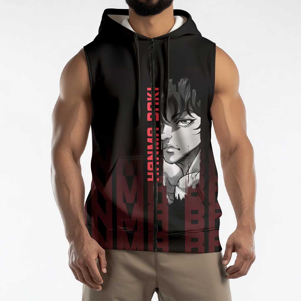 Baki Hanma The Ogre's Son Gym Theme Sleeveless Zip Hoodie with Intense Anime Artwork and Muscular Back Design - The Mazicc