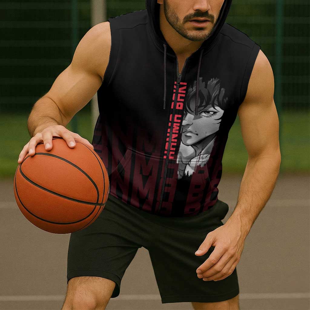 Baki Hanma The Ogre's Son Gym Theme Sleeveless Zip Hoodie with Intense Anime Artwork and Muscular Back Design - The Mazicc