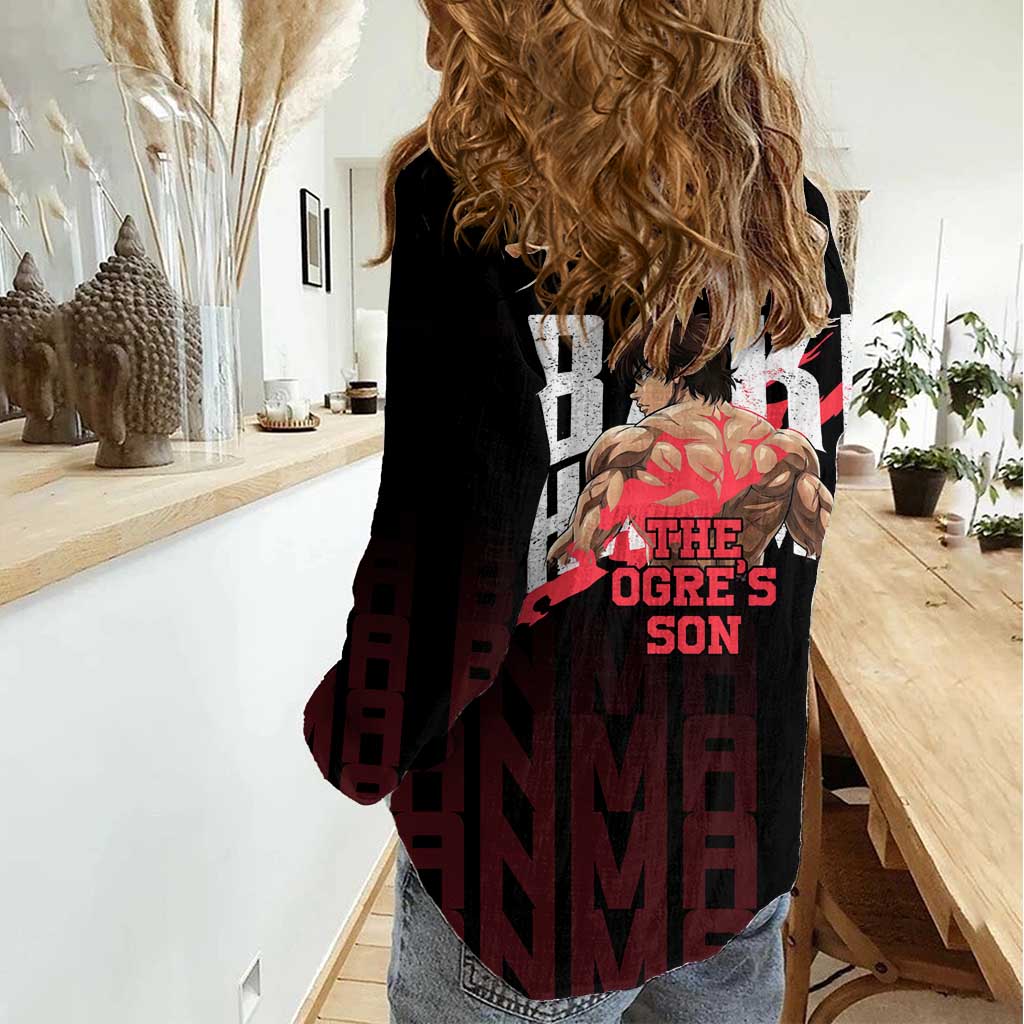 Baki Hanma The Ogre's Son Gym Theme Women Casual Shirt with Intense Anime Artwork and Muscular Back Design - The Mazicc
