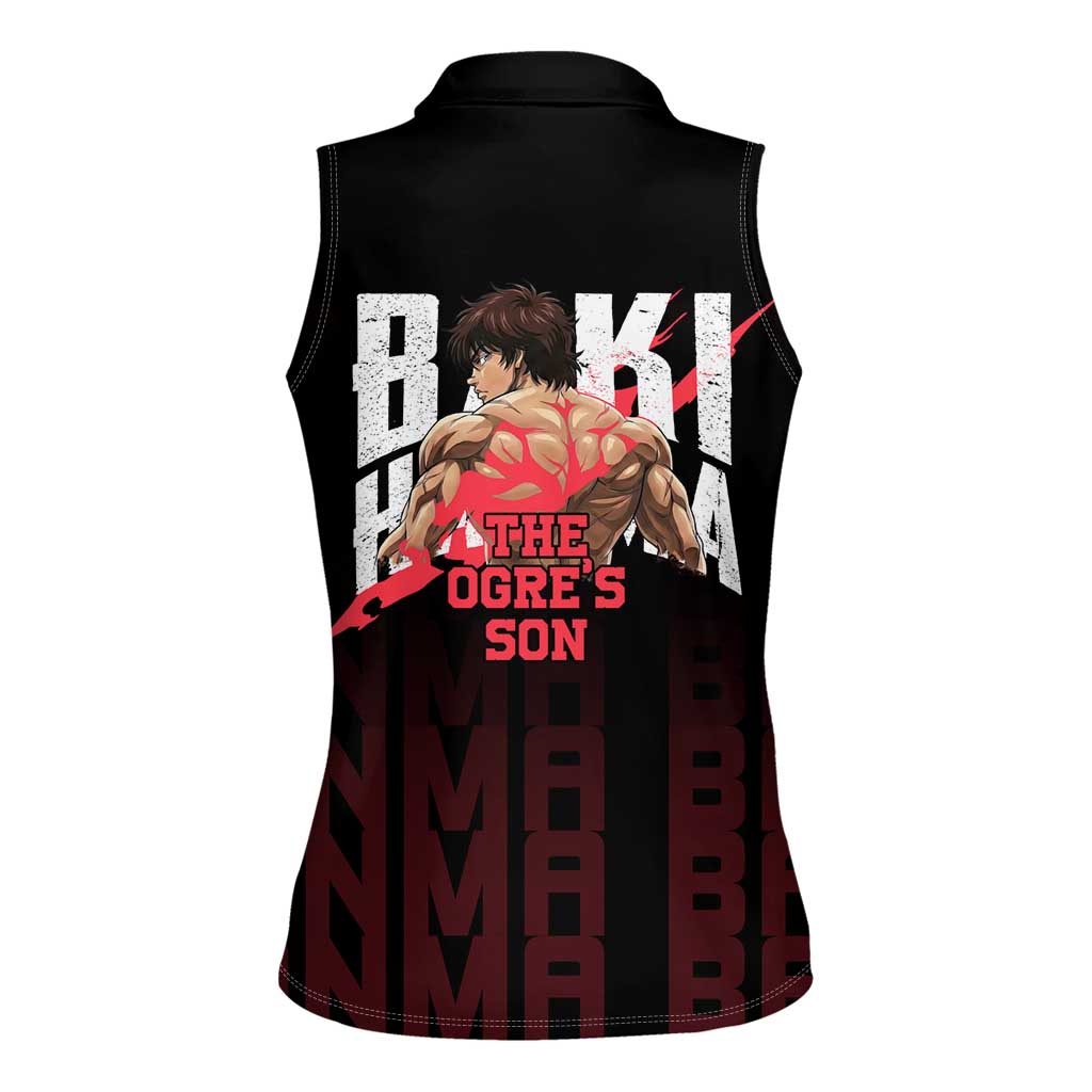 Baki Hanma The Ogre's Son Gym Theme Women Sleeveless Polo Shirt with Intense Anime Artwork and Muscular Back Design - The Mazicc
