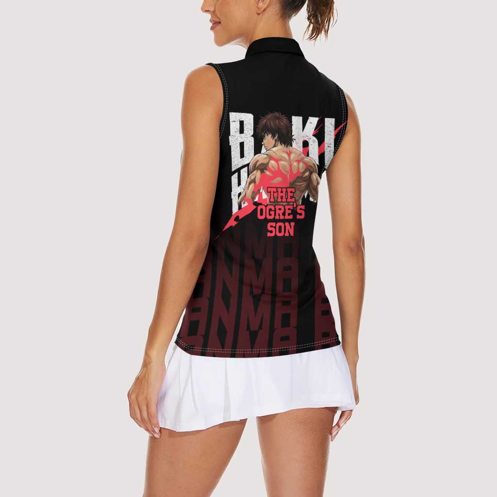 Baki Hanma The Ogre's Son Gym Theme Women Sleeveless Polo Shirt with Intense Anime Artwork and Muscular Back Design - The Mazicc