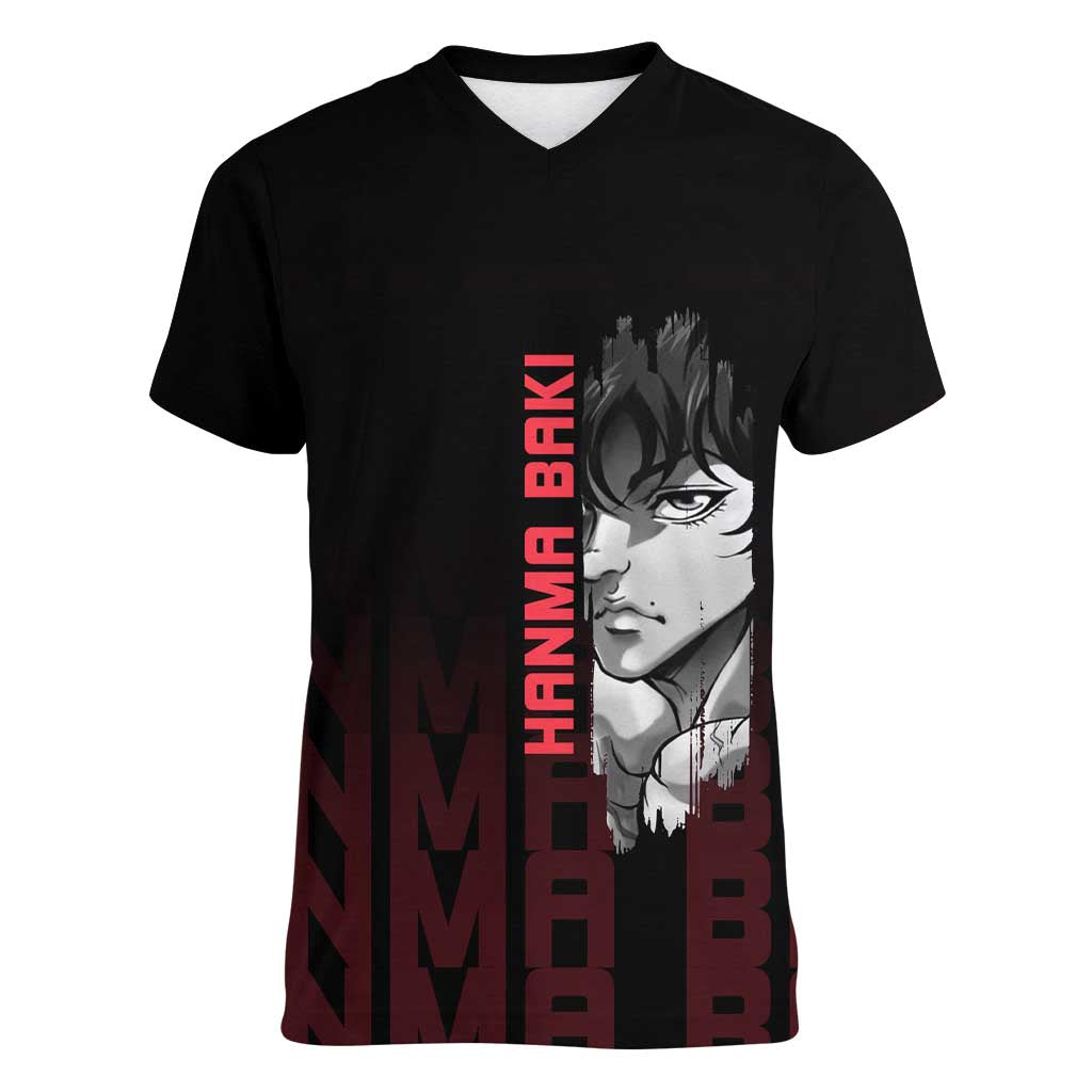 Baki Hanma The Ogre's Son Gym Theme Women V-Neck T-Shirt with Intense Anime Artwork and Muscular Back Design - The Mazicc