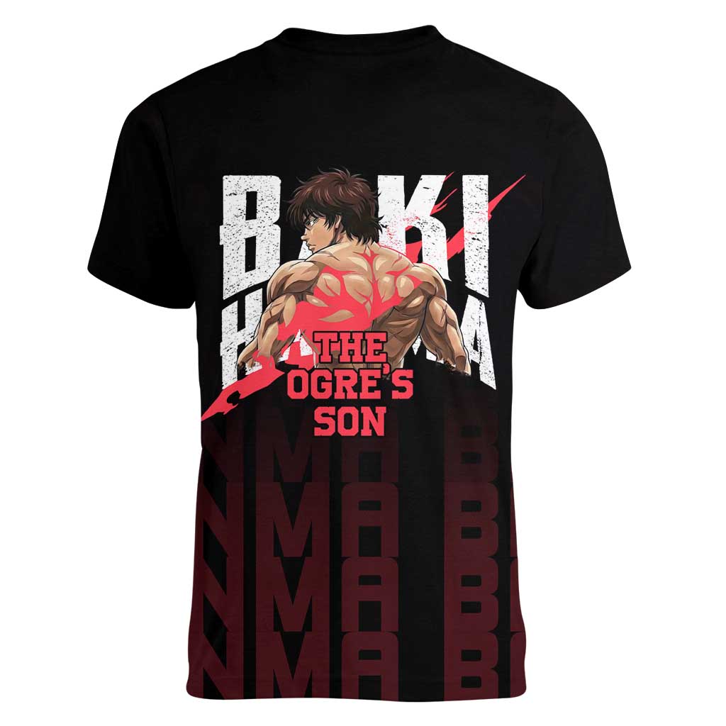 Baki Hanma The Ogre's Son Gym Theme Women V-Neck T-Shirt with Intense Anime Artwork and Muscular Back Design - The Mazicc