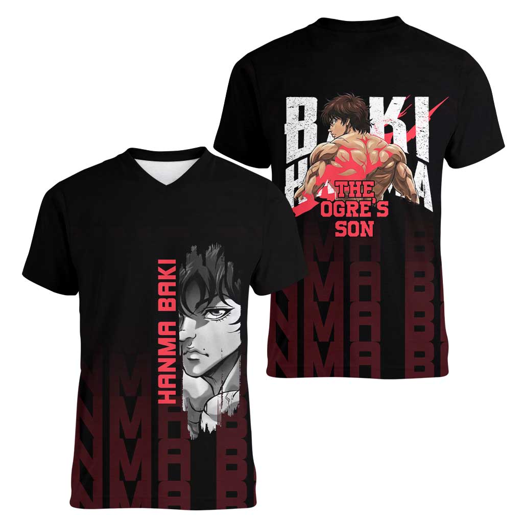 Baki Hanma The Ogre's Son Gym Theme Women V-Neck T-Shirt with Intense Anime Artwork and Muscular Back Design - The Mazicc