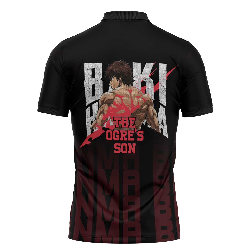 Baki Hanma The Ogre's Son Gym Theme Zipper Polo Shirt with Intense Anime Artwork and Muscular Back Design - The Mazicc