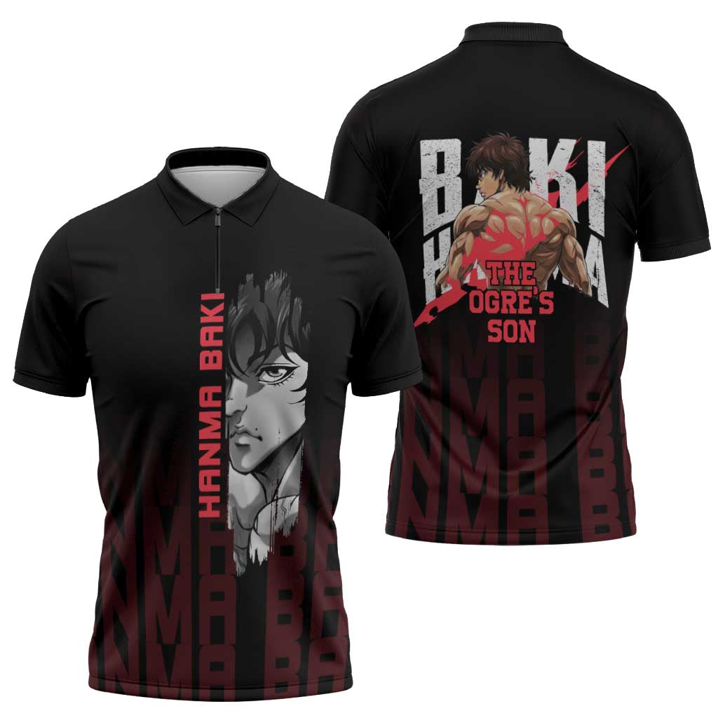 Baki Hanma The Ogre's Son Gym Theme Zipper Polo Shirt with Intense Anime Artwork and Muscular Back Design - The Mazicc