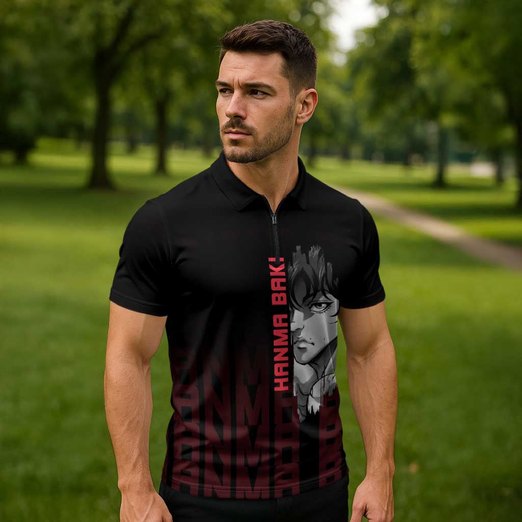 Baki Hanma The Ogre's Son Gym Theme Zipper Polo Shirt with Intense Anime Artwork and Muscular Back Design - The Mazicc
