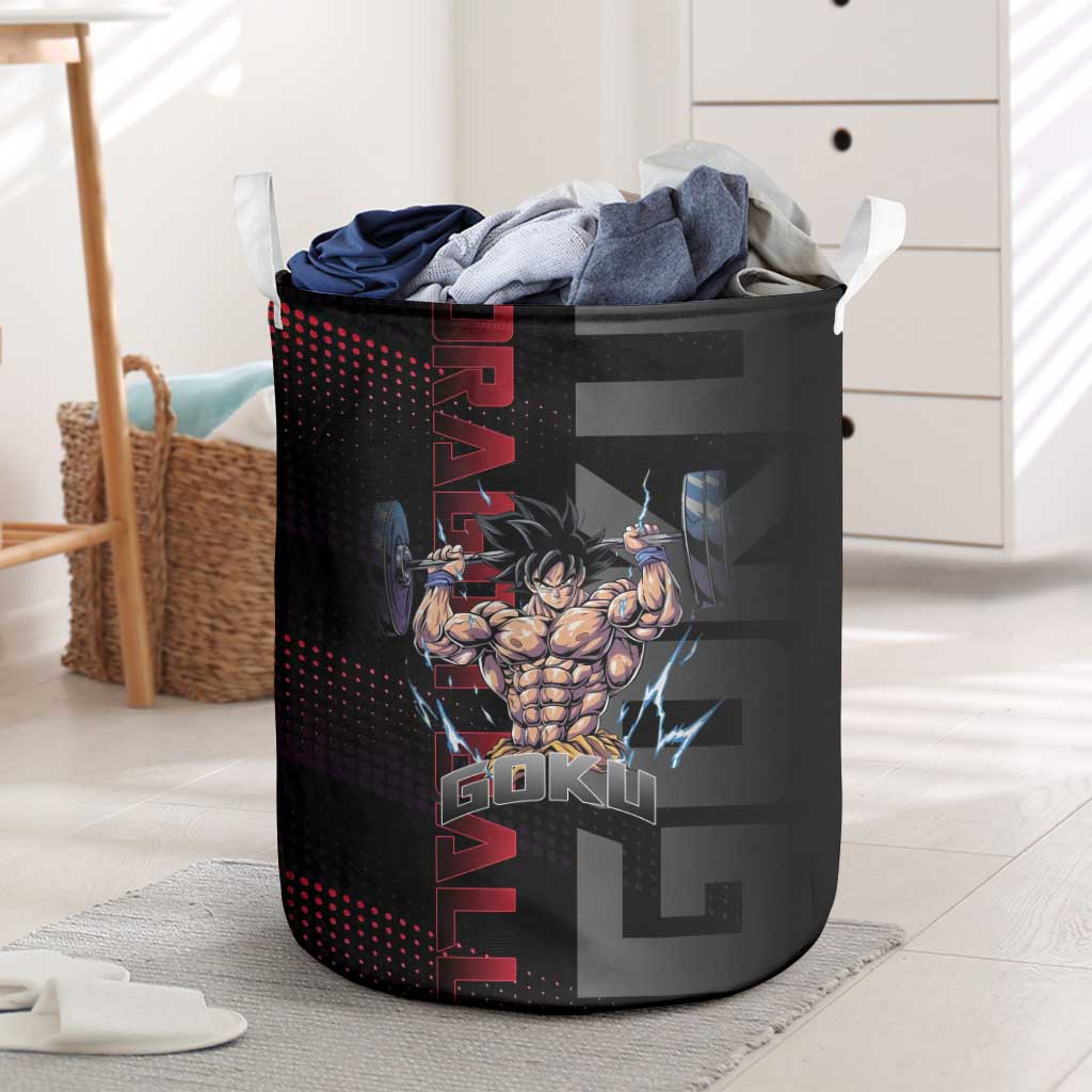 Goku Gym Theme Black and Red Design Laundry Basket with Dumbbell Lightning Art and Muscle Training Pose - The Mazicc