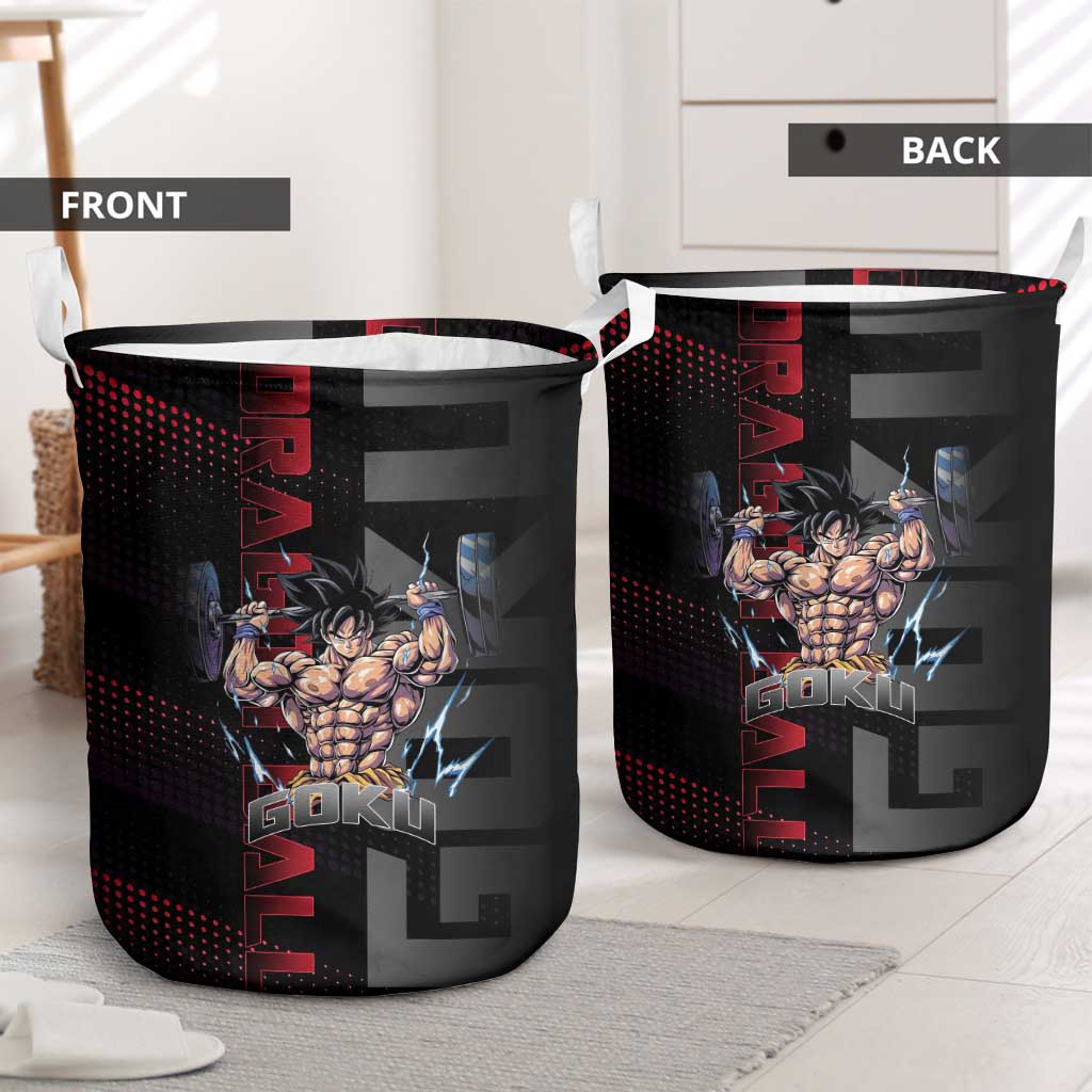 Goku Gym Theme Black and Red Design Laundry Basket with Dumbbell Lightning Art and Muscle Training Pose - The Mazicc