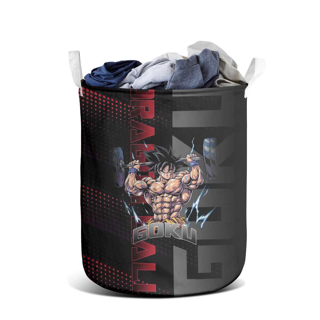 Goku Gym Theme Black and Red Design Laundry Basket with Dumbbell Lightning Art and Muscle Training Pose - The Mazicc