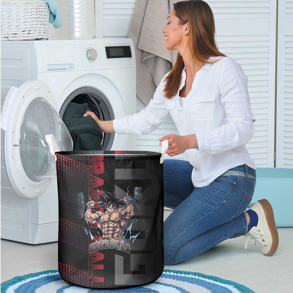 Goku Gym Theme Black and Red Design Laundry Basket with Dumbbell Lightning Art and Muscle Training Pose - The Mazicc