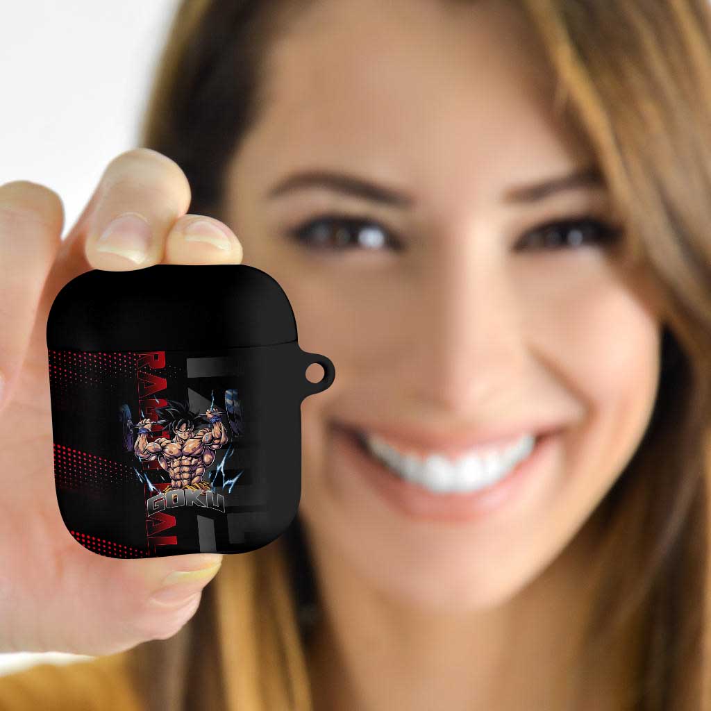 Goku Gym Theme Black and Red Design AirPods Case with Dumbbell Lightning Art and Muscle Training Pose - The Mazicc