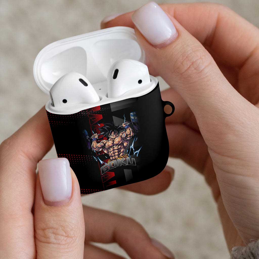 Goku Gym Theme Black and Red Design AirPods Case with Dumbbell Lightning Art and Muscle Training Pose - The Mazicc