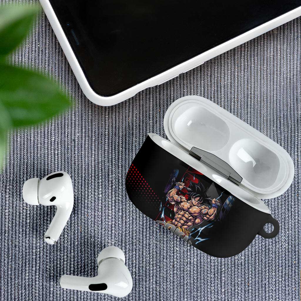 Goku Gym Theme Black and Red Design AirPods Case with Dumbbell Lightning Art and Muscle Training Pose - The Mazicc