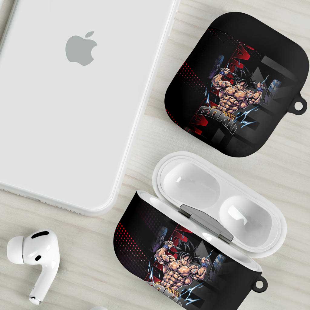 Goku Gym Theme Black and Red Design AirPods Case with Dumbbell Lightning Art and Muscle Training Pose - The Mazicc