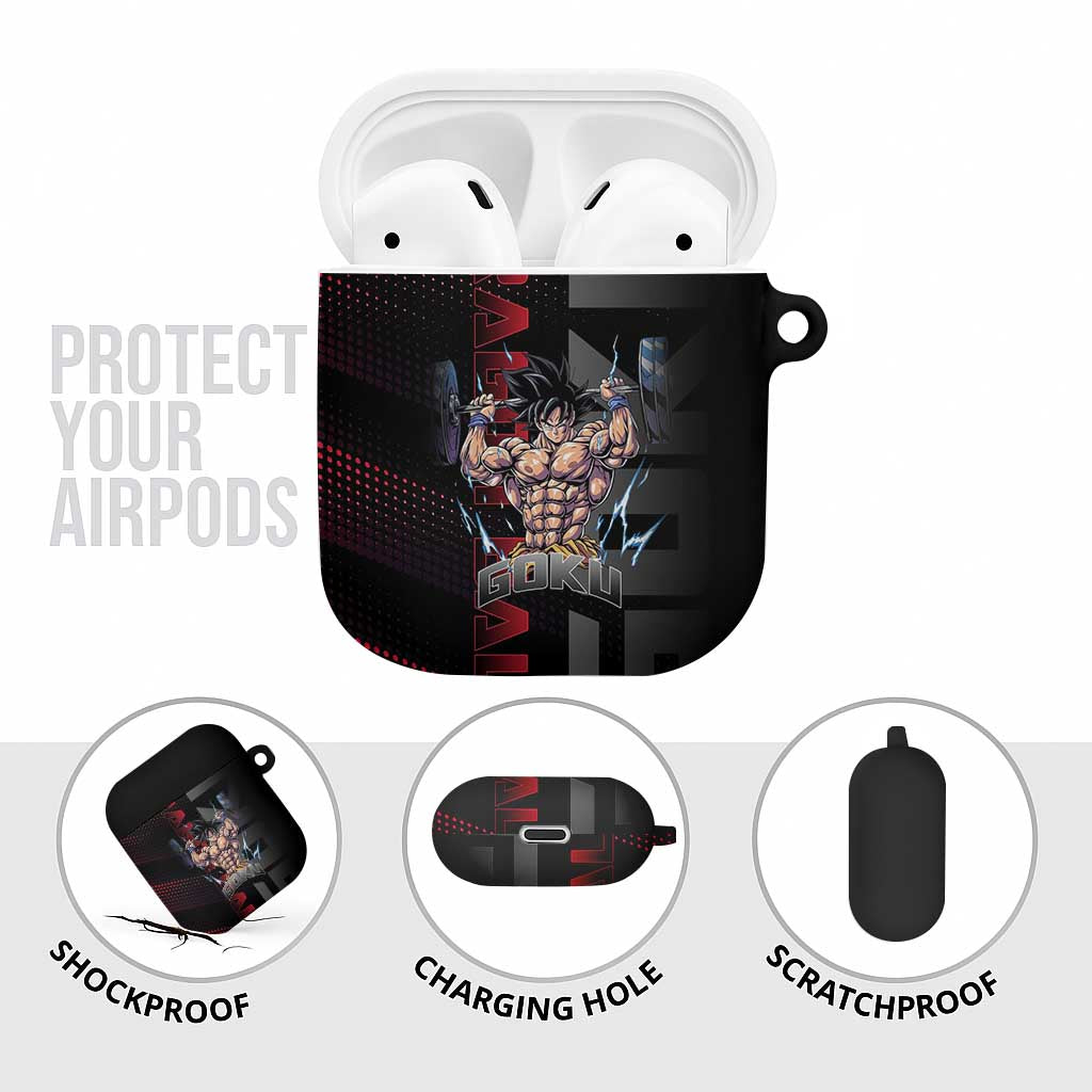 Goku Gym Theme Black and Red Design AirPods Case with Dumbbell Lightning Art and Muscle Training Pose - The Mazicc