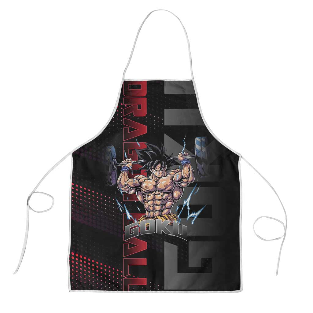 Goku Gym Theme Black and Red Design Apron with Dumbbell Lightning Art and Muscle Training Pose - The Mazicc