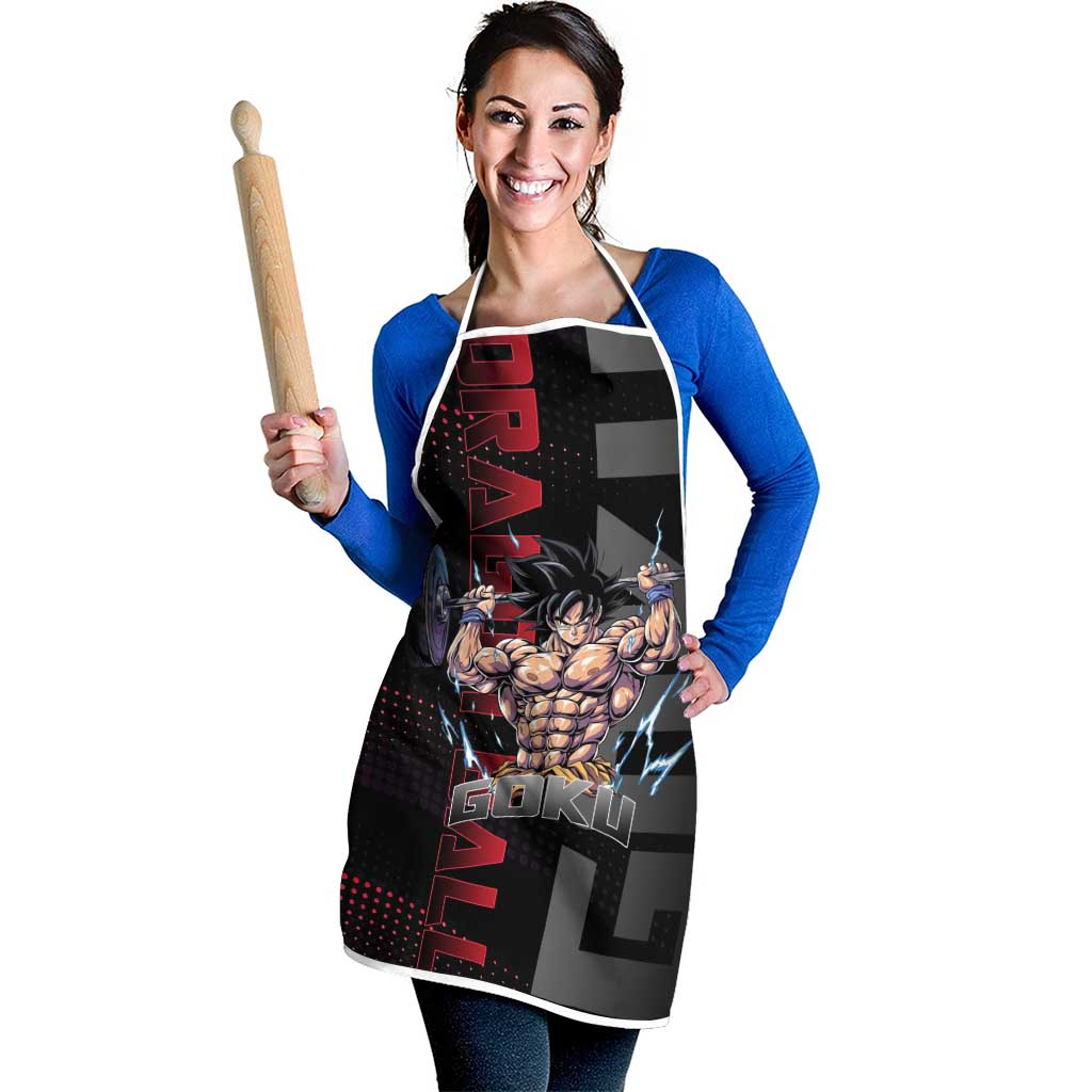 Goku Gym Theme Black and Red Design Apron with Dumbbell Lightning Art and Muscle Training Pose - The Mazicc