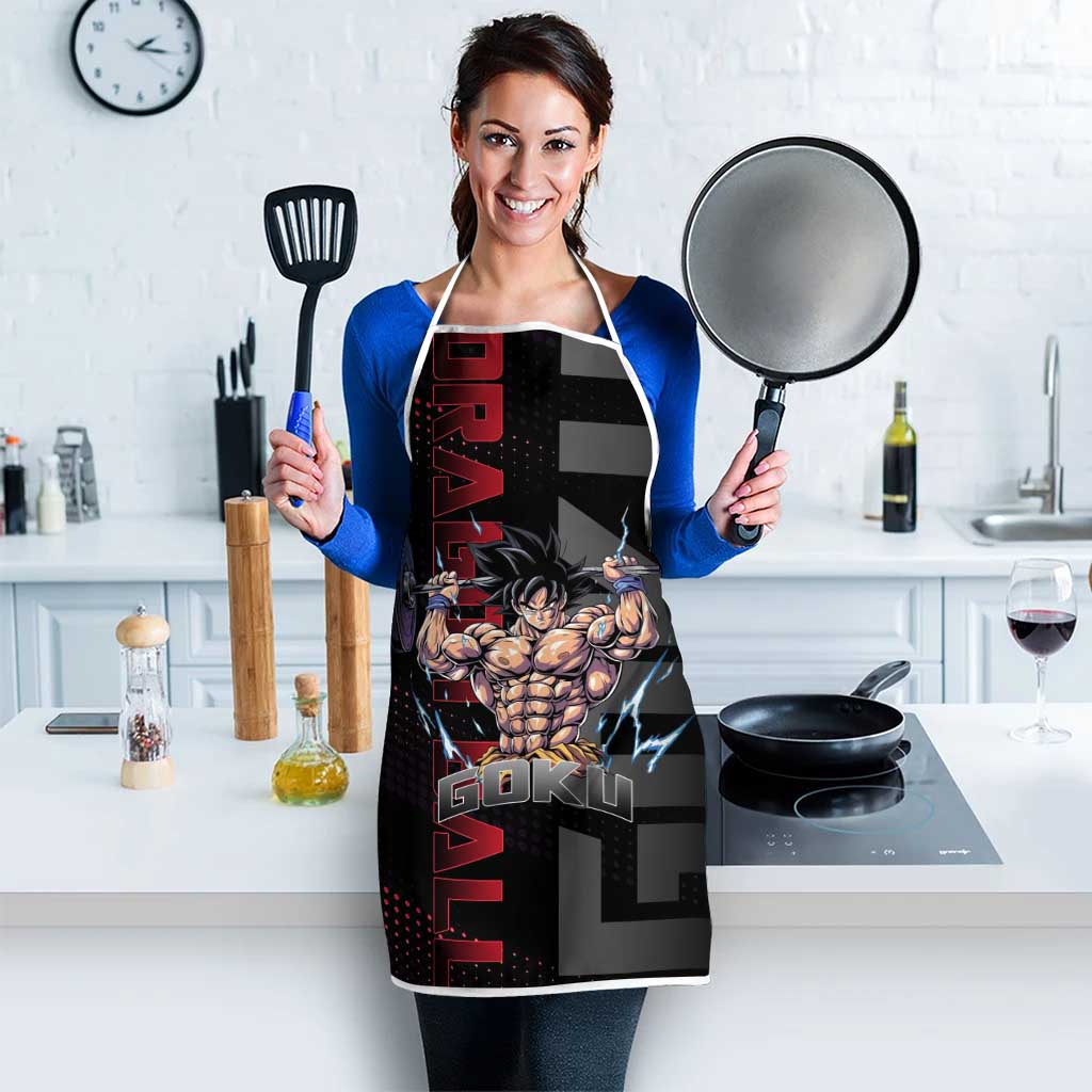 Goku Gym Theme Black and Red Design Apron with Dumbbell Lightning Art and Muscle Training Pose - The Mazicc