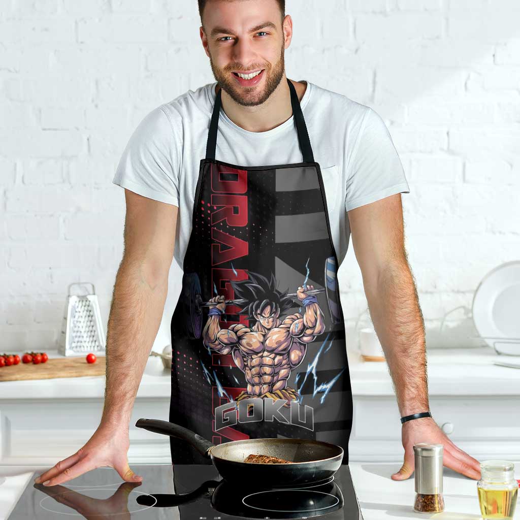 Goku Gym Theme Black and Red Design Apron with Dumbbell Lightning Art and Muscle Training Pose - The Mazicc