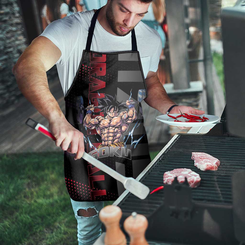 Goku Gym Theme Black and Red Design Apron with Dumbbell Lightning Art and Muscle Training Pose - The Mazicc