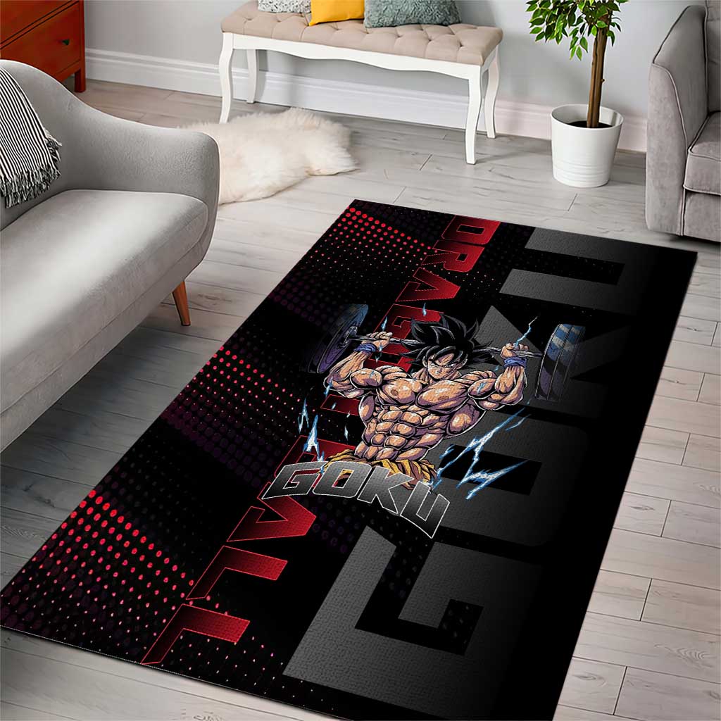 Goku Gym Theme Black and Red Design Area Rug with Dumbbell Lightning Art and Muscle Training Pose - The Mazicc