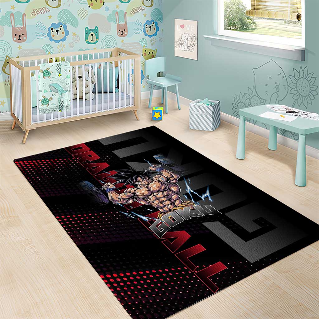 Goku Gym Theme Black and Red Design Area Rug with Dumbbell Lightning Art and Muscle Training Pose - The Mazicc