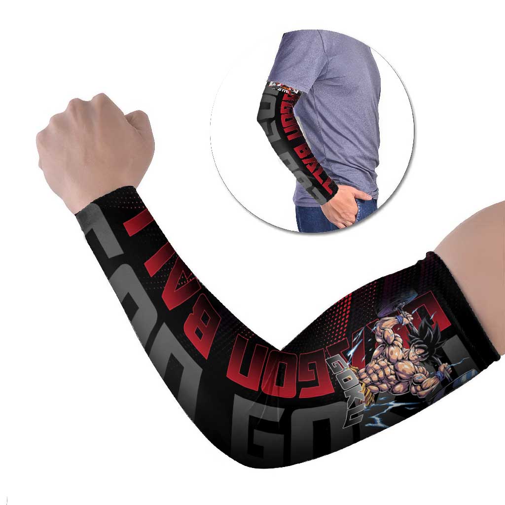 Goku Gym Theme Black and Red Design Arm Sleeves with Dumbbell Lightning Art and Muscle Training Pose - The Mazicc