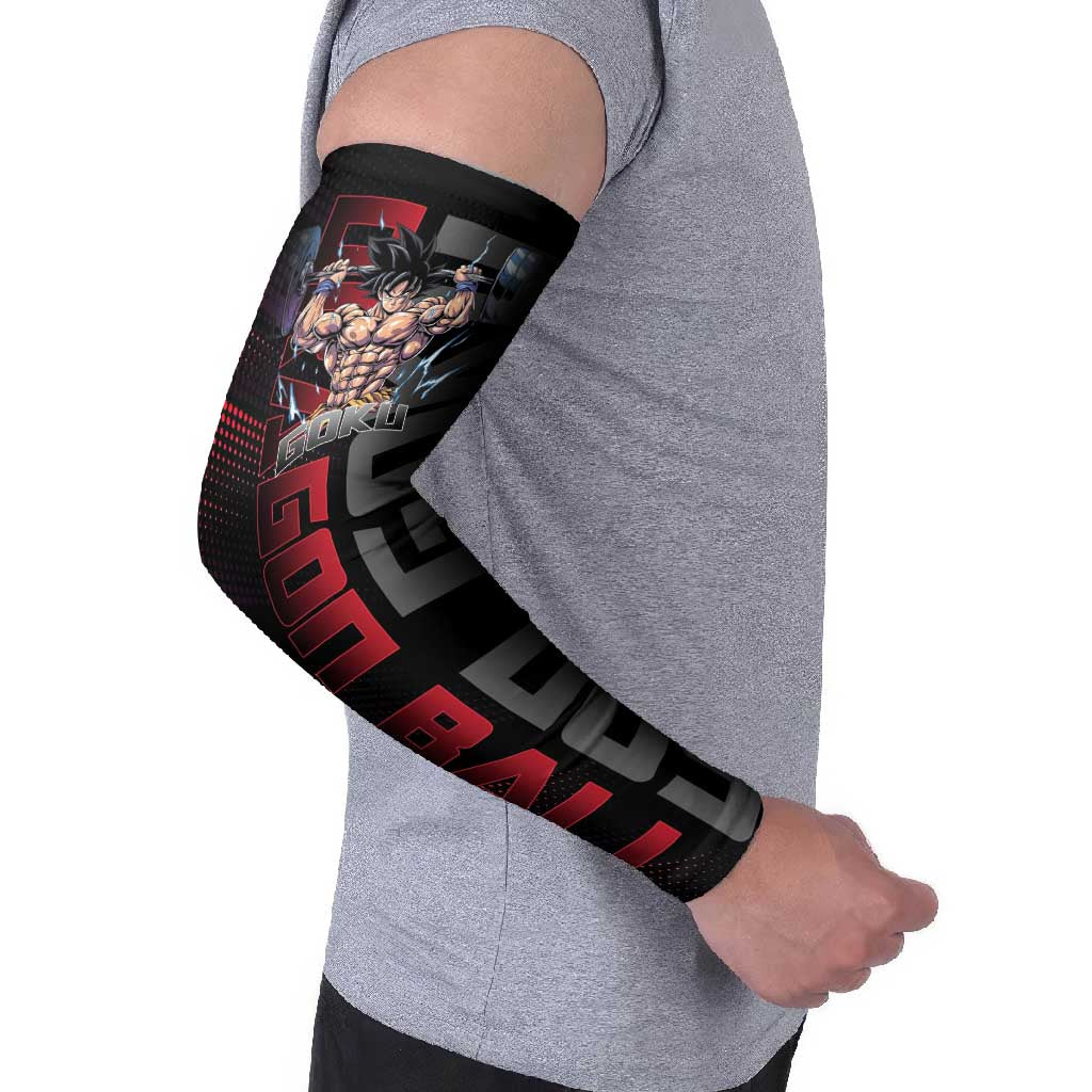 Goku Gym Theme Black and Red Design Arm Sleeves with Dumbbell Lightning Art and Muscle Training Pose - The Mazicc