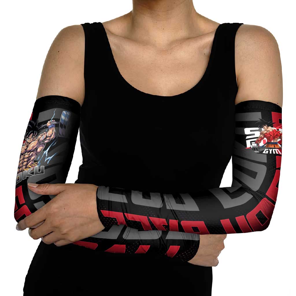 Goku Gym Theme Black and Red Design Arm Sleeves with Dumbbell Lightning Art and Muscle Training Pose - The Mazicc