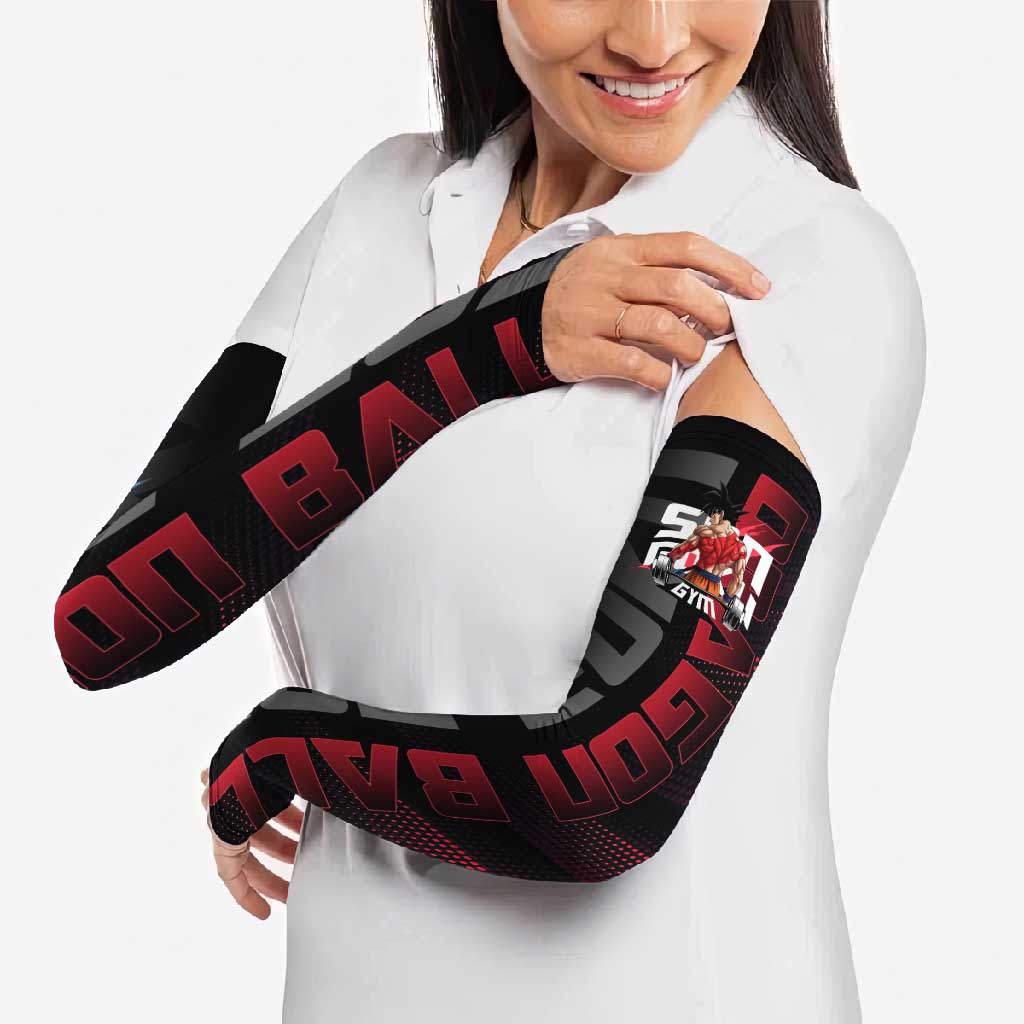 Goku Gym Theme Black and Red Design Arm Sleeves with Dumbbell Lightning Art and Muscle Training Pose - The Mazicc