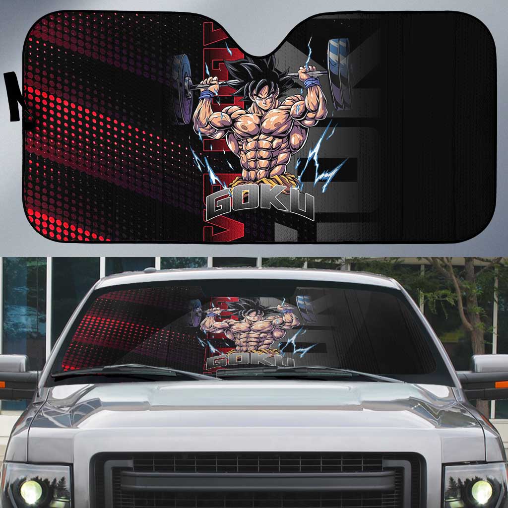 Goku Gym Theme Black and Red Design Auto Sun Shade with Dumbbell Lightning Art and Muscle Training Pose - The Mazicc