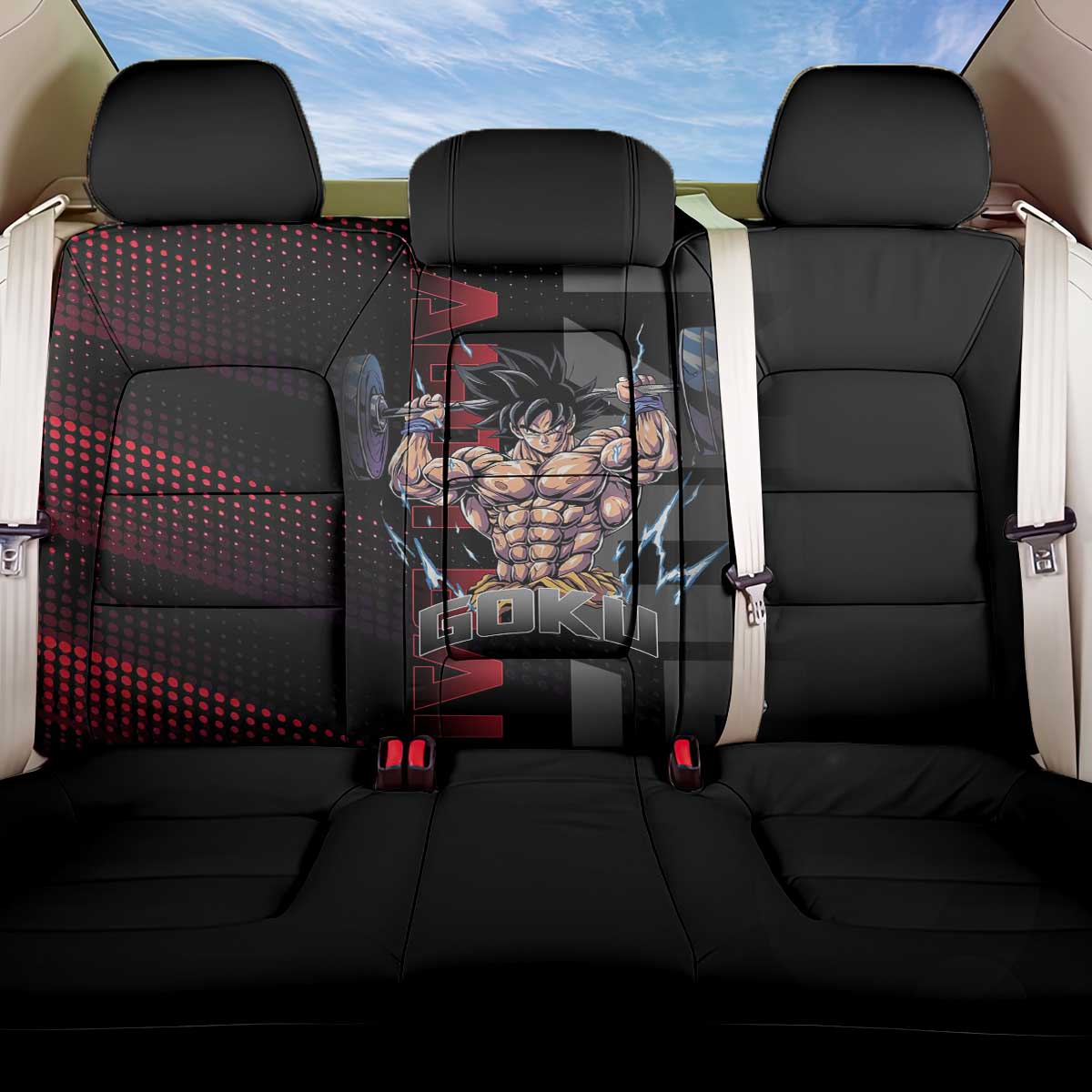 Goku Gym Theme Black and Red Design Back Car Seat Cover with Dumbbell Lightning Art and Muscle Training Pose - The Mazicc