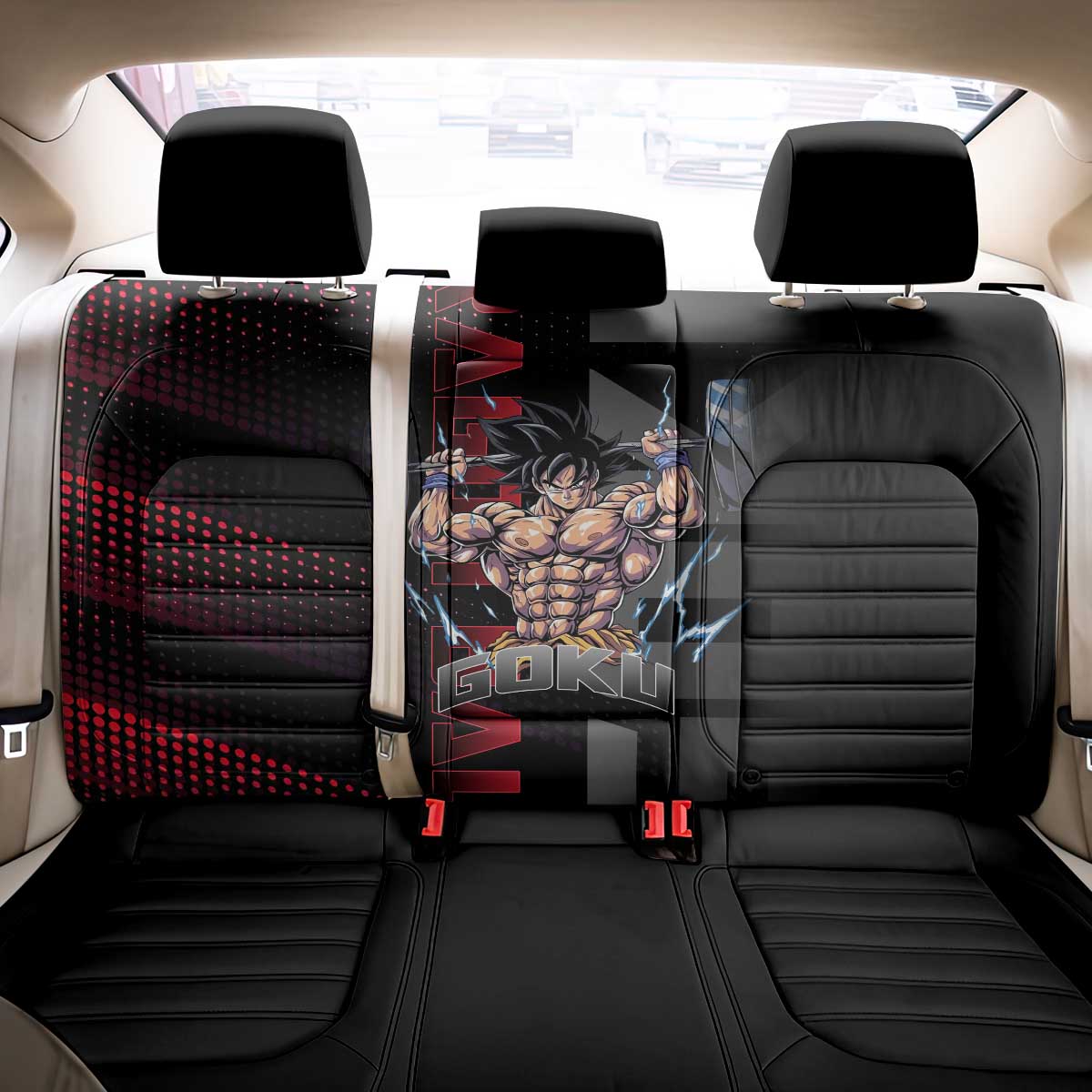 Goku Gym Theme Black and Red Design Back Car Seat Cover with Dumbbell Lightning Art and Muscle Training Pose - The Mazicc