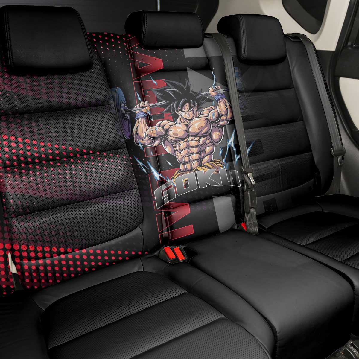 Goku Gym Theme Black and Red Design Back Car Seat Cover with Dumbbell Lightning Art and Muscle Training Pose - The Mazicc