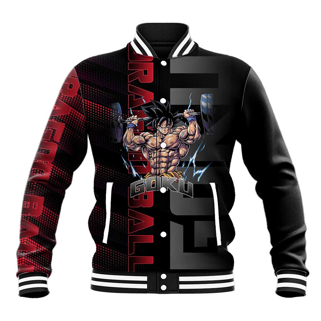 Goku Gym Theme Black and Red Design Baseball Jacket with Dumbbell Lightning Art and Muscle Training Pose - The Mazicc