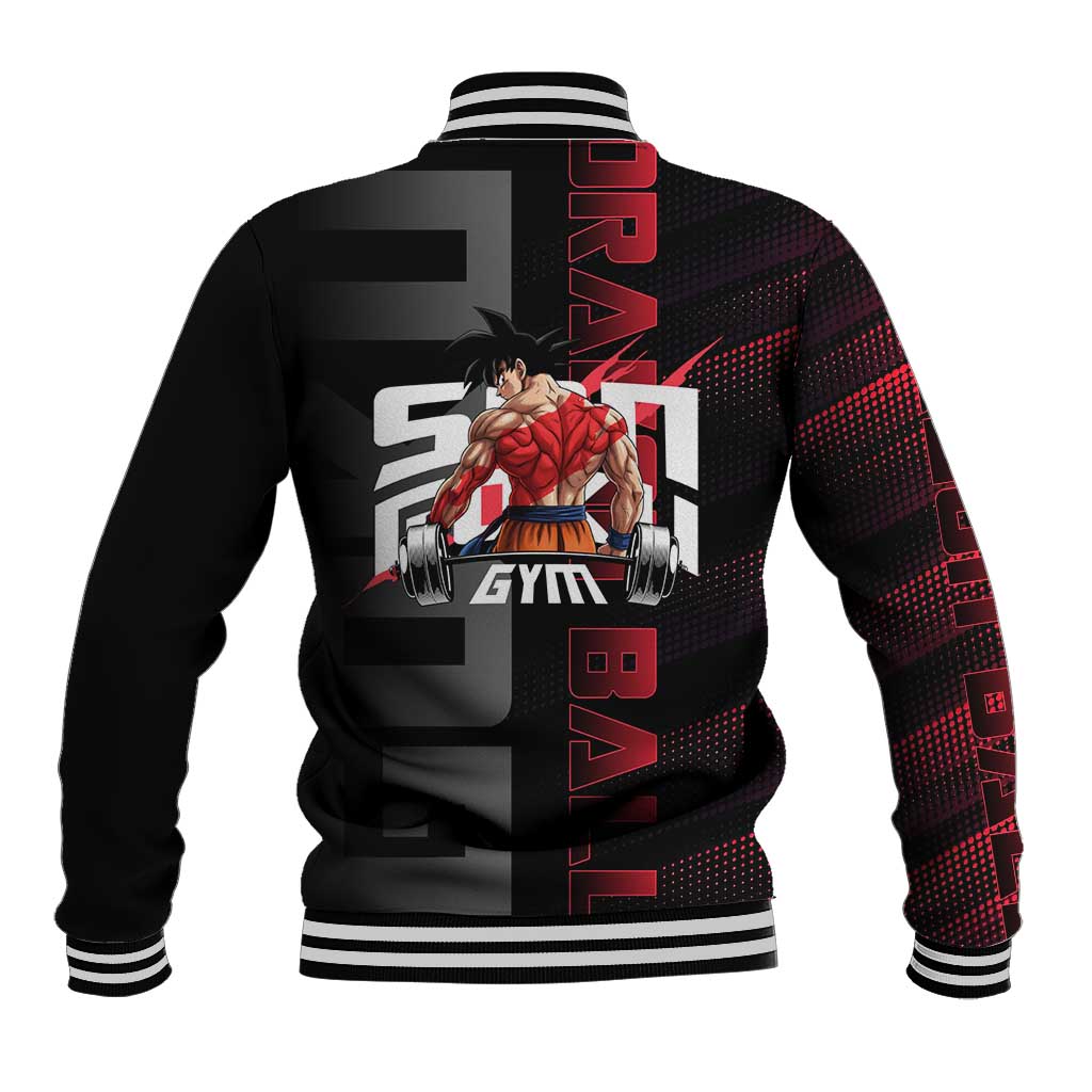 Goku Gym Theme Black and Red Design Baseball Jacket with Dumbbell Lightning Art and Muscle Training Pose - The Mazicc