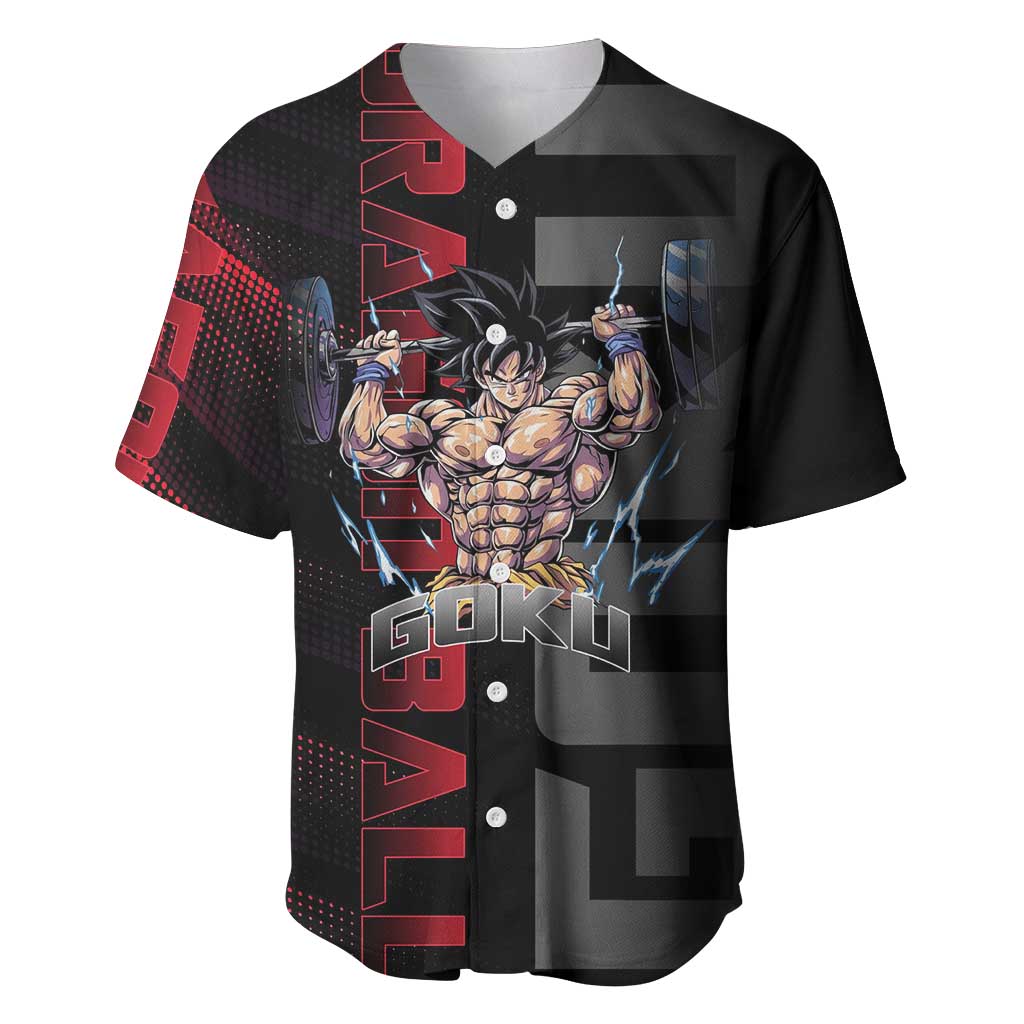 Goku Gym Theme Black and Red Design Baseball Jersey with Dumbbell Lightning Art and Muscle Training Pose - The Mazicc