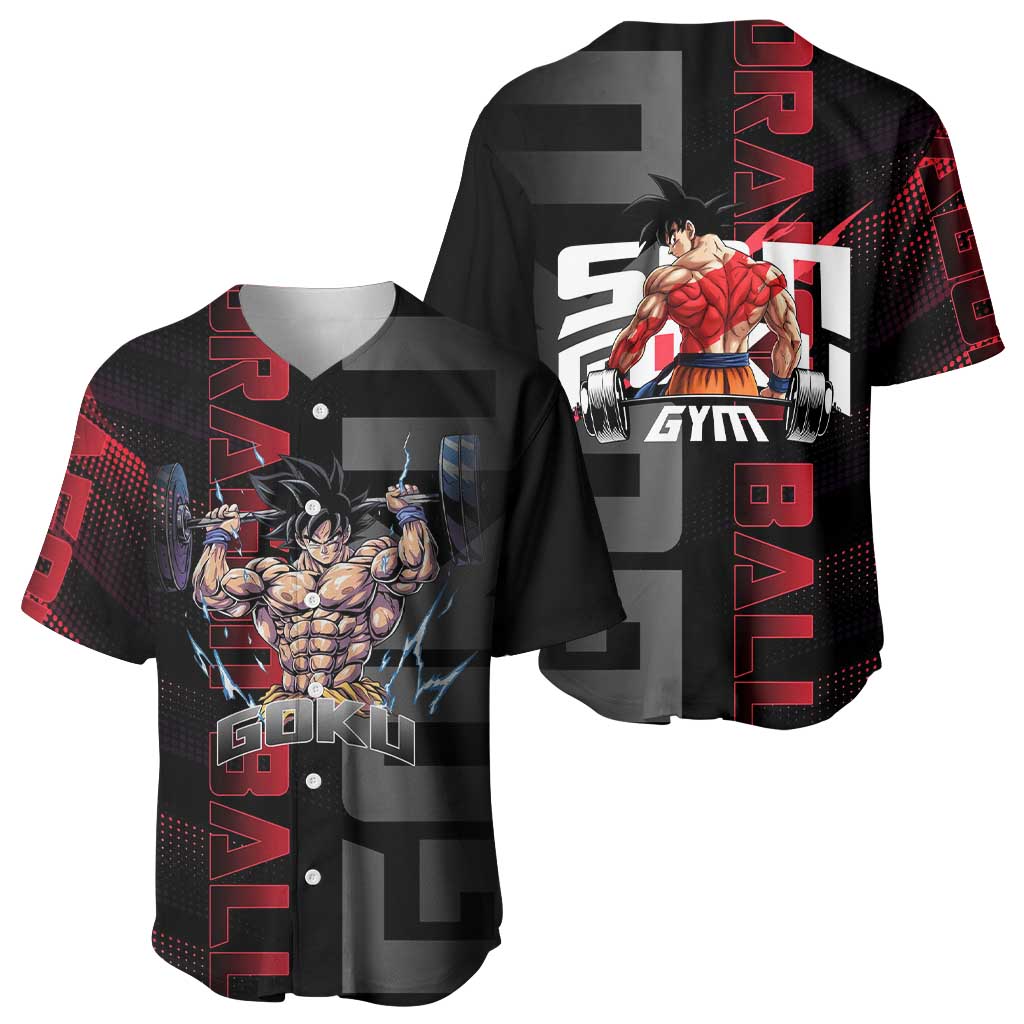 Goku Gym Theme Black and Red Design Baseball Jersey with Dumbbell Lightning Art and Muscle Training Pose - The Mazicc