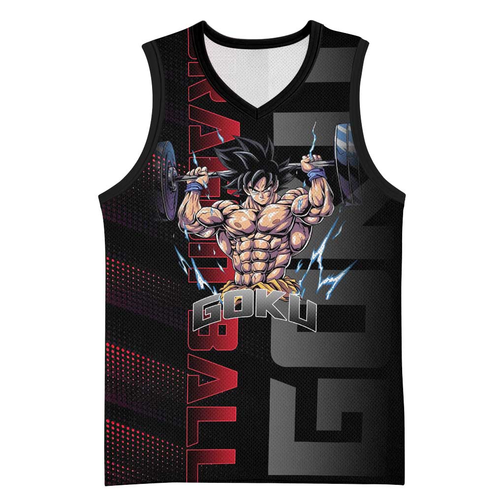 Goku Gym Theme Black and Red Design Basketball Jersey with Dumbbell Lightning Art and Muscle Training Pose - The Mazicc