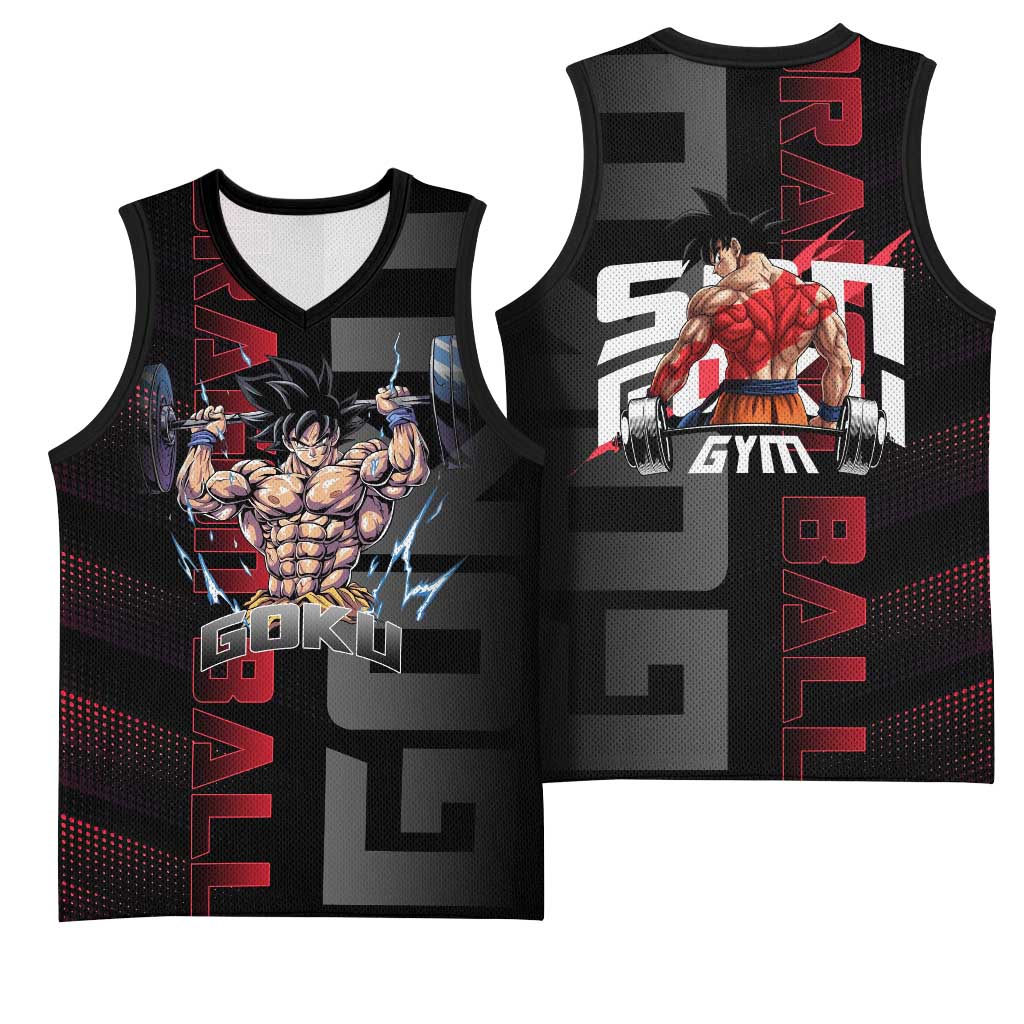 Goku Gym Theme Black and Red Design Basketball Jersey with Dumbbell Lightning Art and Muscle Training Pose - The Mazicc