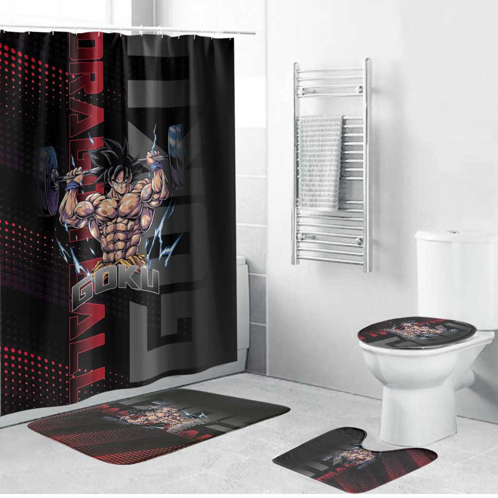Goku Gym Theme Black and Red Design Bathroom Set with Dumbbell Lightning Art and Muscle Training Pose - The Mazicc