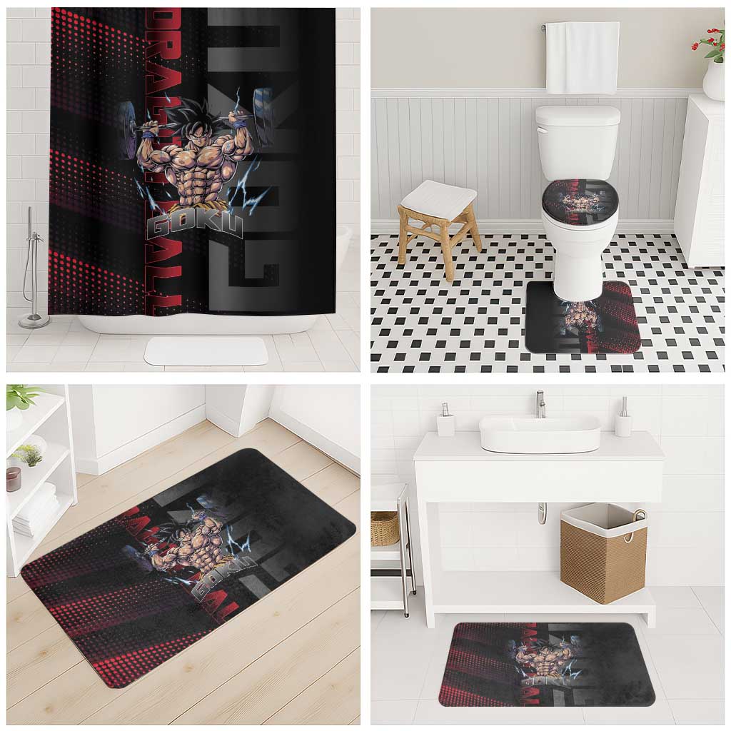 Goku Gym Theme Black and Red Design Bathroom Set with Dumbbell Lightning Art and Muscle Training Pose - The Mazicc