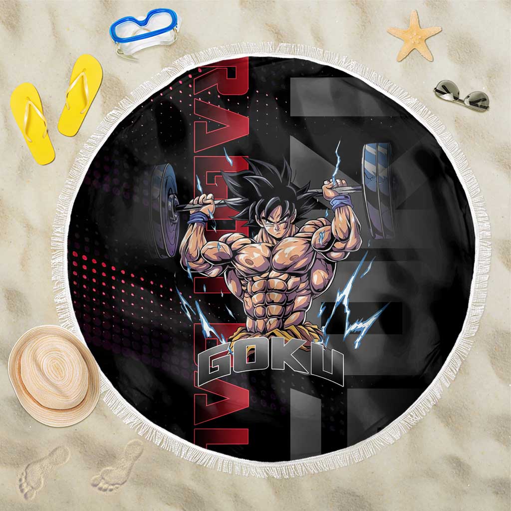 Goku Gym Theme Black and Red Design Beach Blanket with Dumbbell Lightning Art and Muscle Training Pose - The Mazicc