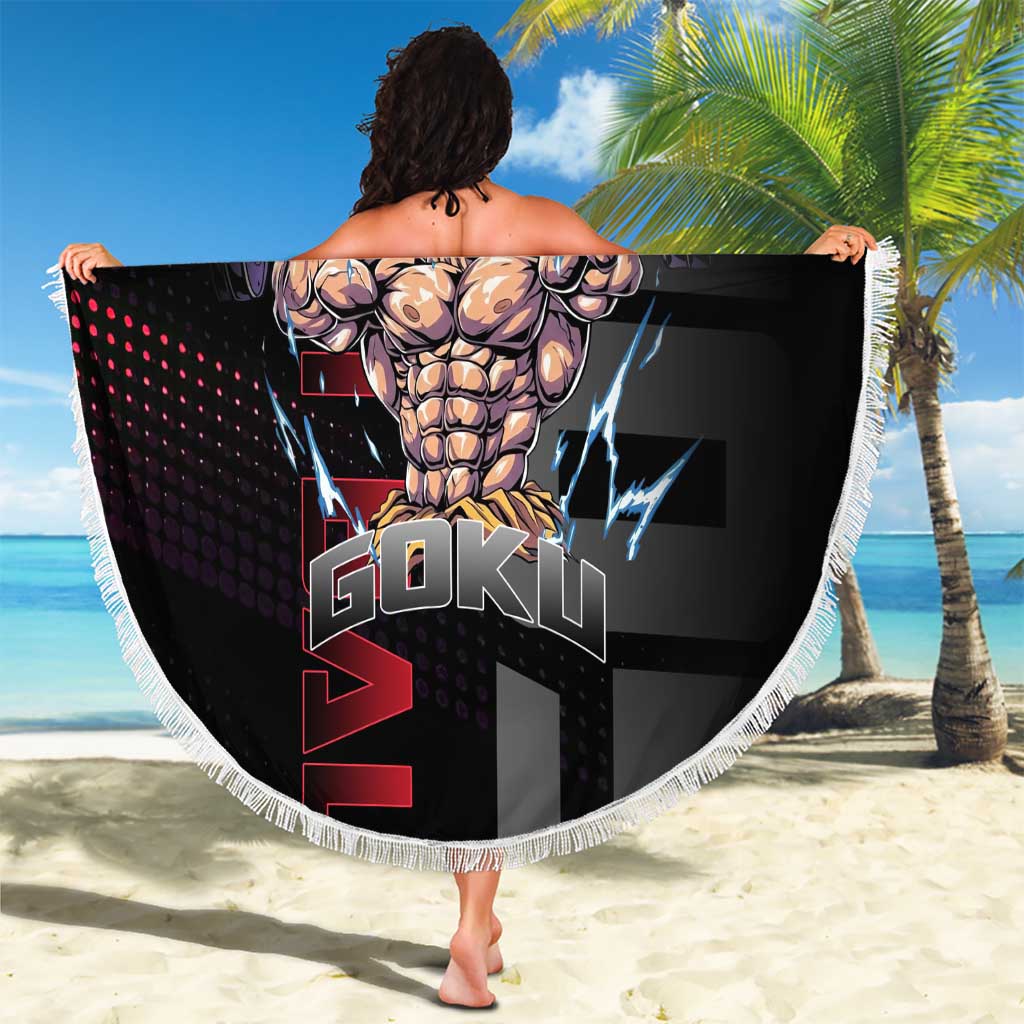Goku Gym Theme Black and Red Design Beach Blanket with Dumbbell Lightning Art and Muscle Training Pose - The Mazicc