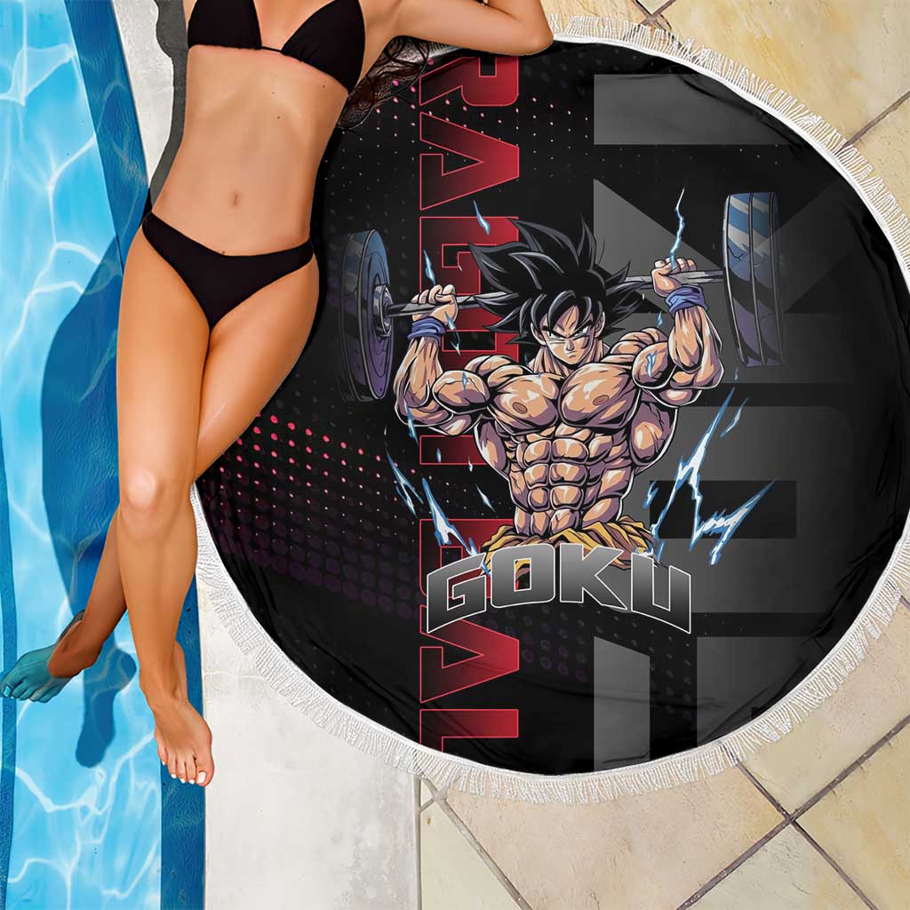 Goku Gym Theme Black and Red Design Beach Blanket with Dumbbell Lightning Art and Muscle Training Pose - The Mazicc