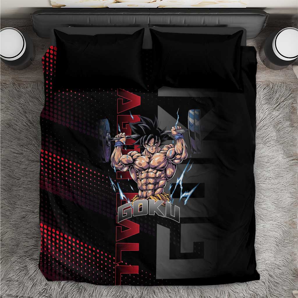 Goku Gym Theme Black and Red Design Bedding Set with Dumbbell Lightning Art and Muscle Training Pose - The Mazicc